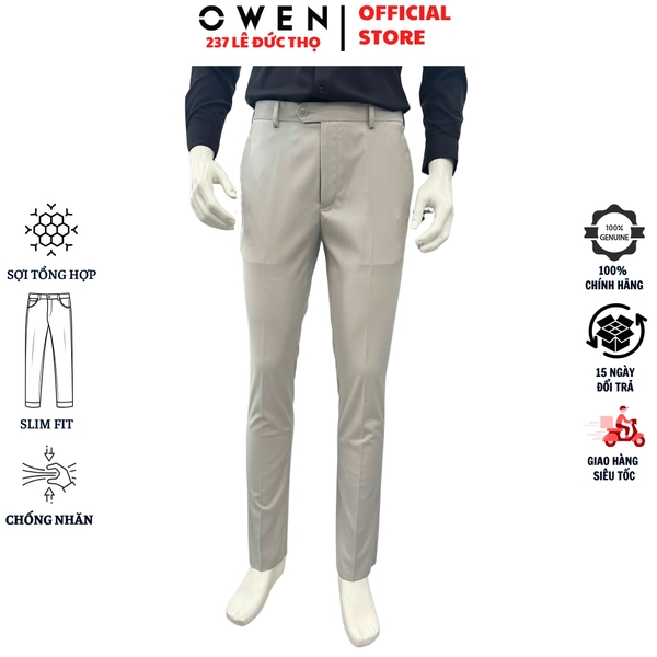 Quần tây Nam Owen QST257096 màu be nhạt dáng ôm slim fit cạp tăng đơ chất liệu polyester spandex