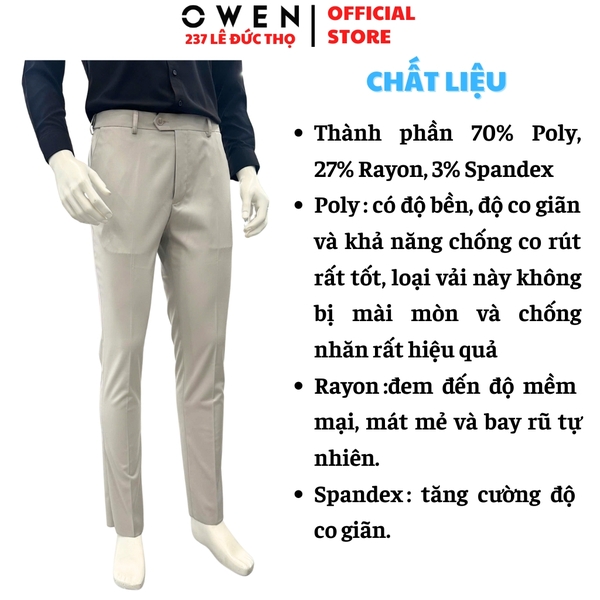 Quần tây Nam Owen QST257096 màu be nhạt dáng ôm slim fit cạp tăng đơ chất liệu polyester spandex