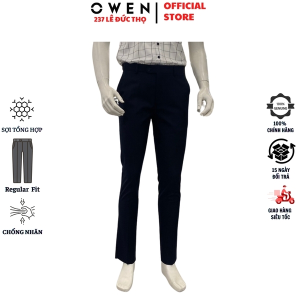 Quần Tây Nam Owen QST262075 Xanh Tím Than Kẻ Slim Fit Cạp Tăng Đơ chất liệu poly rayon spandex