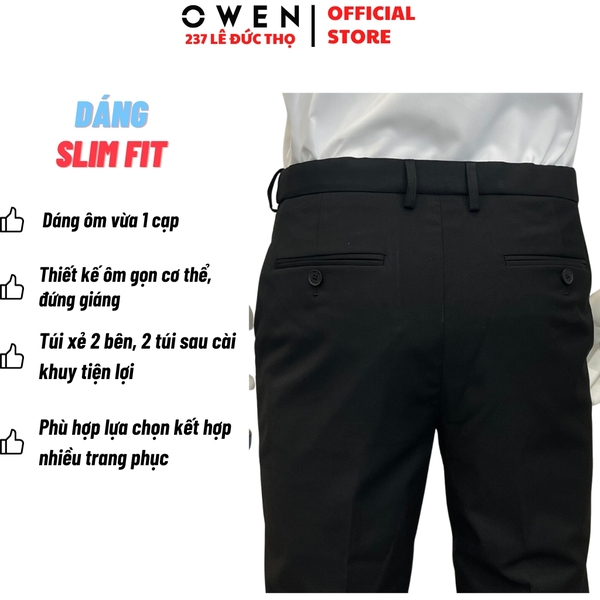 Quần Tây Nam Owen QV231684 màu đen trơn dáng slimfit cạp tăng đơ  vải polyester