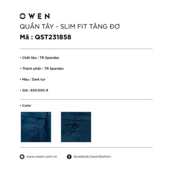 Quần Tây Nam Owen QST231858 màu xanh cổ vịt dáng slim fit cạp tăng đơ Chất Liệu Polyester