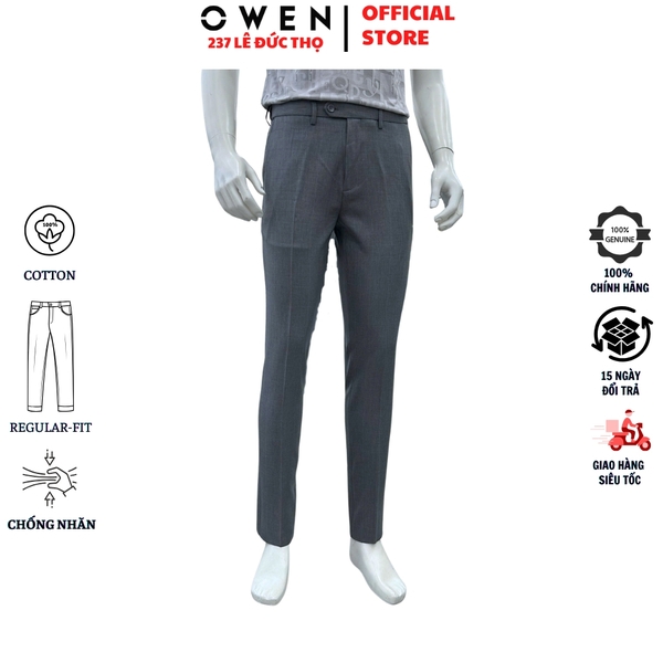 Quần tây Nam Owen QST257085 màu xám dáng ôm slim fit cạp tăng đơ chất liệu nano