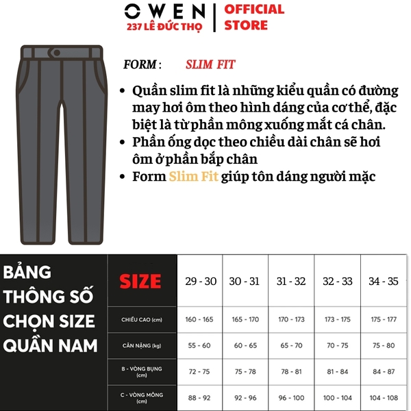 Quần tây Nam Owen QST257085 màu xám dáng ôm slim fit cạp tăng đơ chất liệu nano