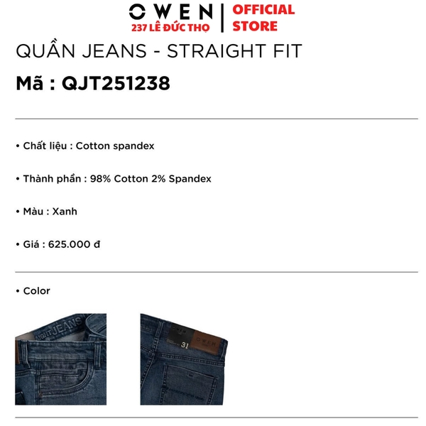 Quần Jean Nam Owen Quần Bò Nam QJT251238 màu xanh Dáng suông Straight Fit chất liệu denim cotton spandex