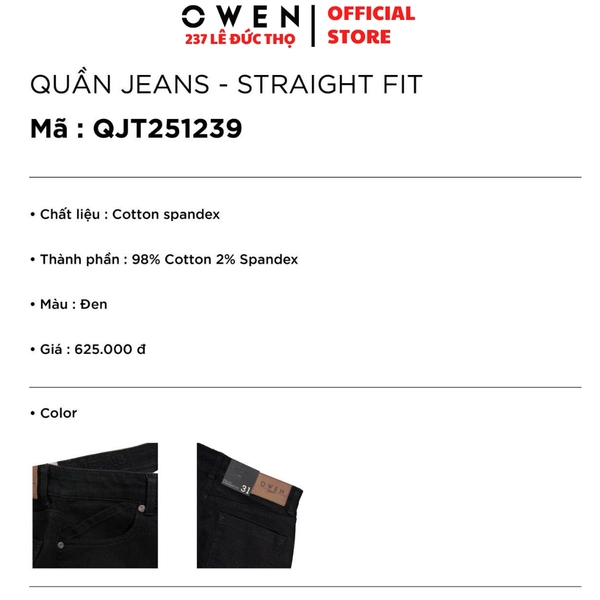 Quần Jean Nam Owen Quần Bò Nam QJT251239 màu đen Dáng suông Straight Fit chất liệu denim cotton spandex