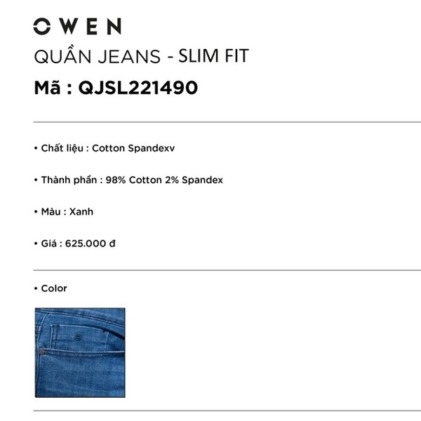 Quần Jean Nam Owen Quần Bò Nam QJSL221490 Màu xanh Dáng Slim Fit Vải Denim Cotton