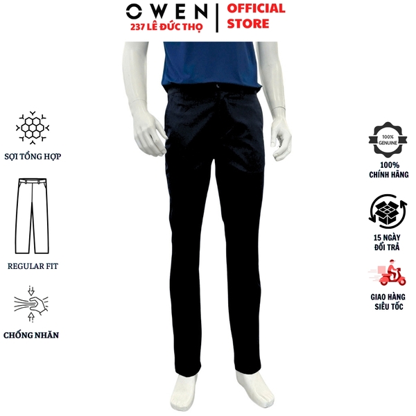 Quần kaki nam Owen QKRT261003 màu đen dáng suông regular fit cạp tăng đơ chất liệu cotton spandex