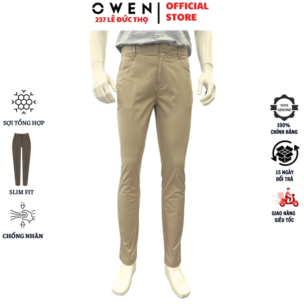 Quần kaki nam Owen QKS256103 màu be đậm dáng ôm slim fit chất liệu Rayon