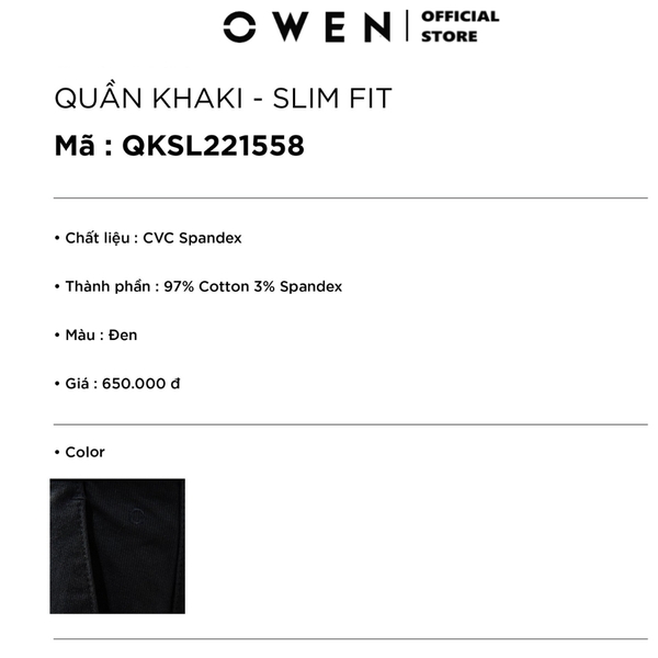 Quần Kaki Nam Owen QKSL221558 (QKSL231303 - QKSL231791) màu đen trơn Dáng Slim Fit Vải Cotton