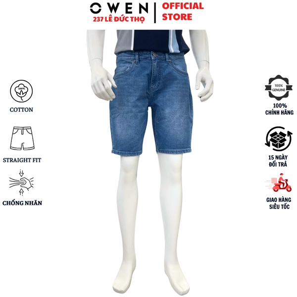 Quần Short Nam Owen SJ263075 sóc Jeans màu xanh nhạt dáng Straight fit chất liệu denim Cotton