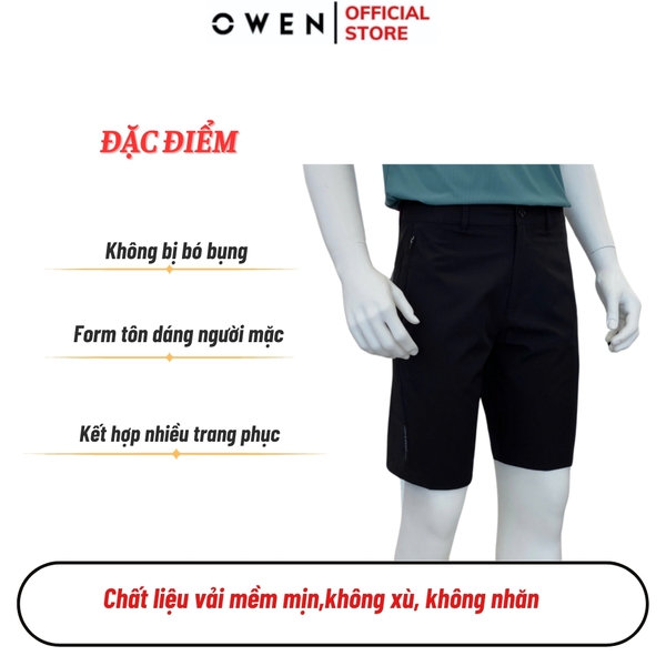 Quần short Nam Owen SS252405 sóc thể thao màu đen dáng Sport life chất liệu polospun spandex