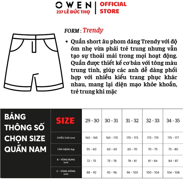 Quần Short Nam Owen SV252509 màu đen dáng trendy fit ôm vừa chất liệu nano