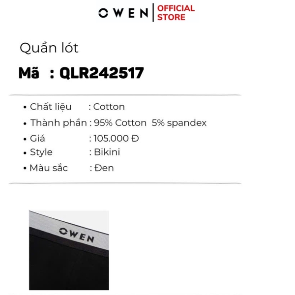 Quần Lót Nam Owen QLR242517 màu đen kiểu dáng sịp tam giác Chất liệu cotton