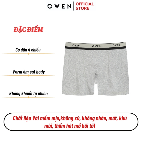 Quần Lót Nam Owen QLB242504 màu xám nhạt cạp đen xám dáng sịp đùi boxer chất liệu cotton