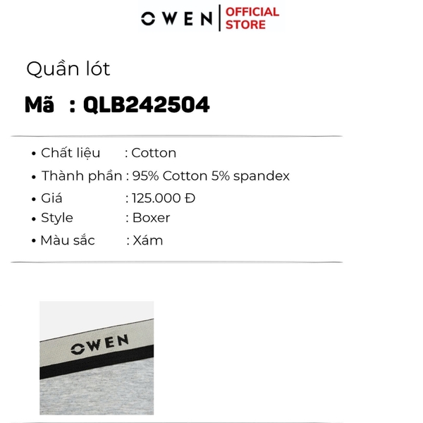 Quần Lót Nam Owen QLB242504 màu xám nhạt cạp đen xám dáng sịp đùi boxer chất liệu cotton