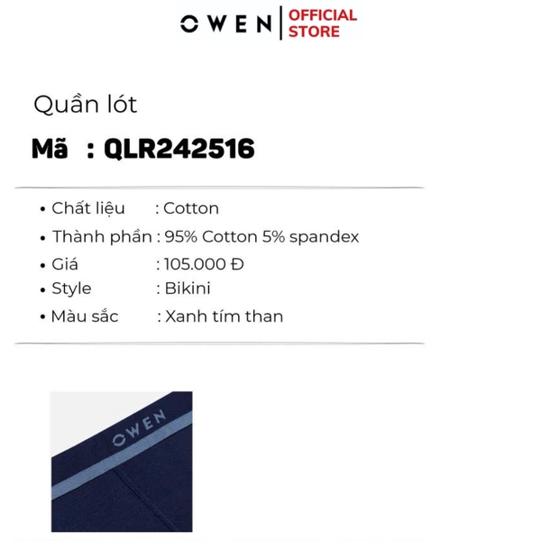 Quần Lót Nam Owen QLR242516 màu xanh tím than kiểu dáng sịp tam giác Chất liệu cotton