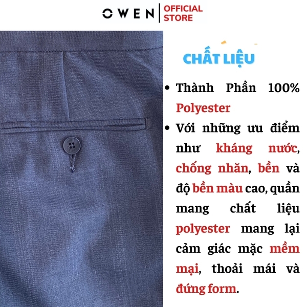 Quần Tây Nam Owen QRT242418 màu xanh dáng suông regular fit cạp tăng đơ chất liệu nano