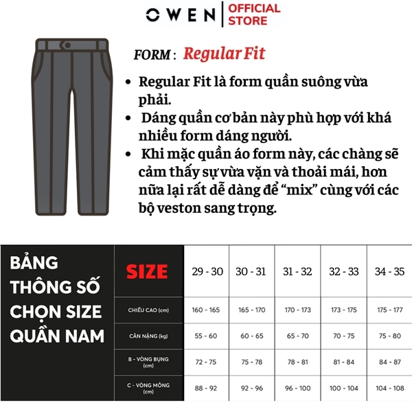 Quần Tây Nam Owen QRT242418 màu xanh dáng suông regular fit cạp tăng đơ chất liệu nano