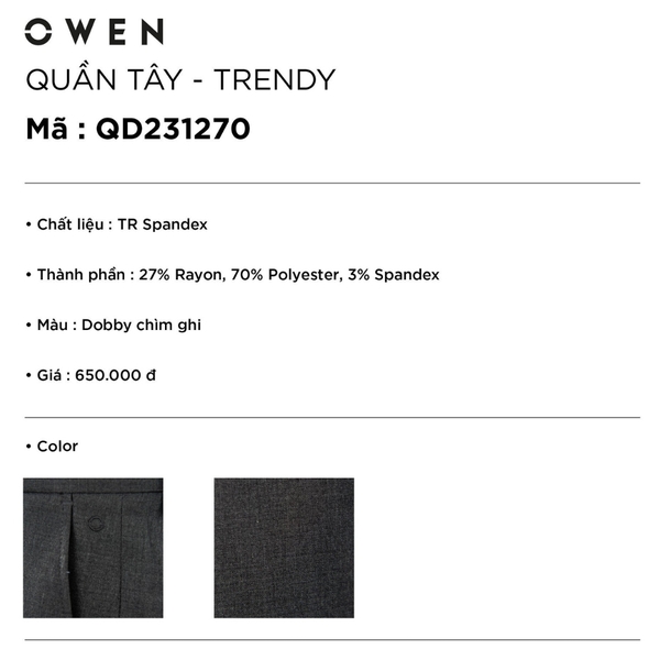 Quần Tây Nam Owen QD231270 màu dobby chìm ghi Dáng Trendy vải polyester