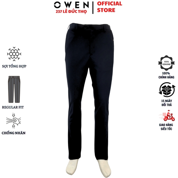 Quần tây Nam Owen QRT252476 màu đen dáng suông regular fit cạp tăng đơ chất liệu pplyester spandex