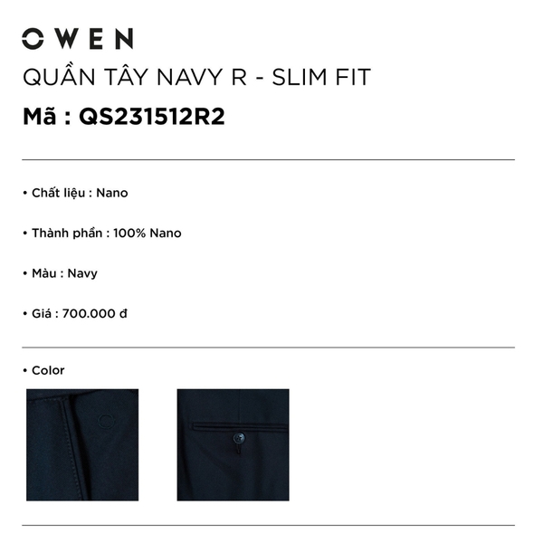 Quần Tây Nam Owen QS231512R2 (QS242844R) màu navy dáng slim fit vải nano