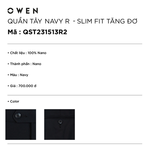 Quần Tây Nam Owen QST231513R2 màu navy Dáng Slim Fit Cạp tăng đơ vải nano