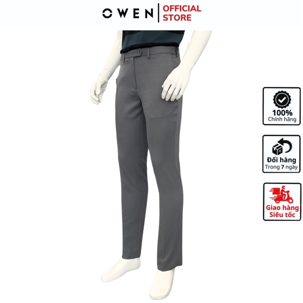 Quần Tây Nam Owen QST252443 màu xám kẻ dáng ôm slim fit cạp tăng đơ chất liệu nano