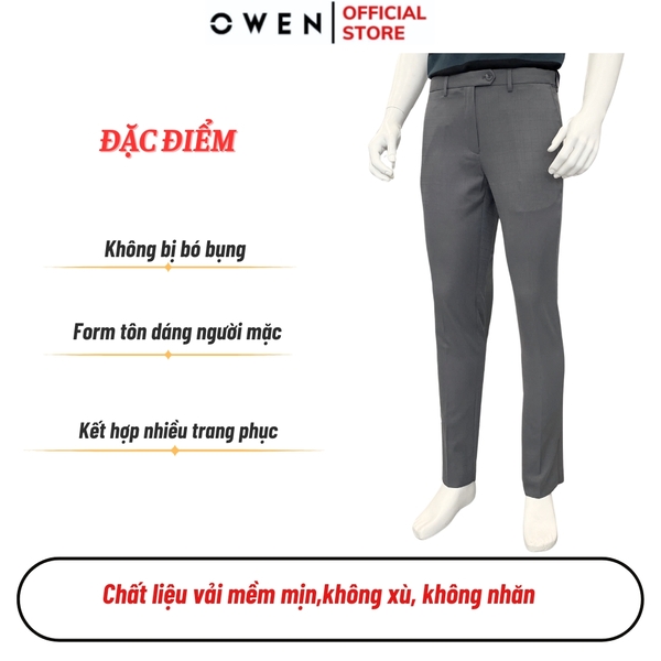 Quần Tây Nam Owen QST252443 màu xám kẻ dáng ôm slim fit cạp tăng đơ chất liệu nano