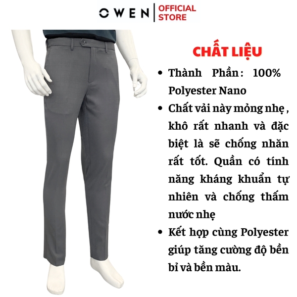 Quần Tây Nam Owen QST252443 màu xám kẻ dáng ôm slim fit cạp tăng đơ chất liệu nano