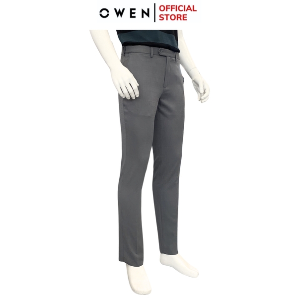 Quần Tây Nam Owen QST252443 màu xám kẻ dáng ôm slim fit cạp tăng đơ chất liệu nano