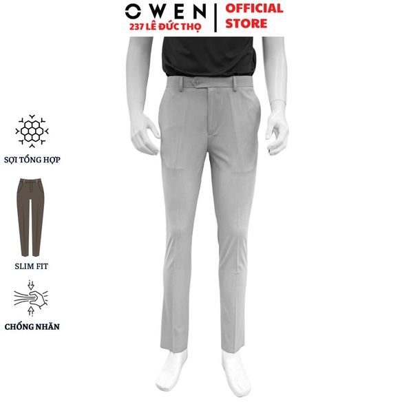 Quần tây Nam Owen QST262090 màu xám nhạt dáng ôm slim fit cạp tăng đơ chất liệu polyester spandex