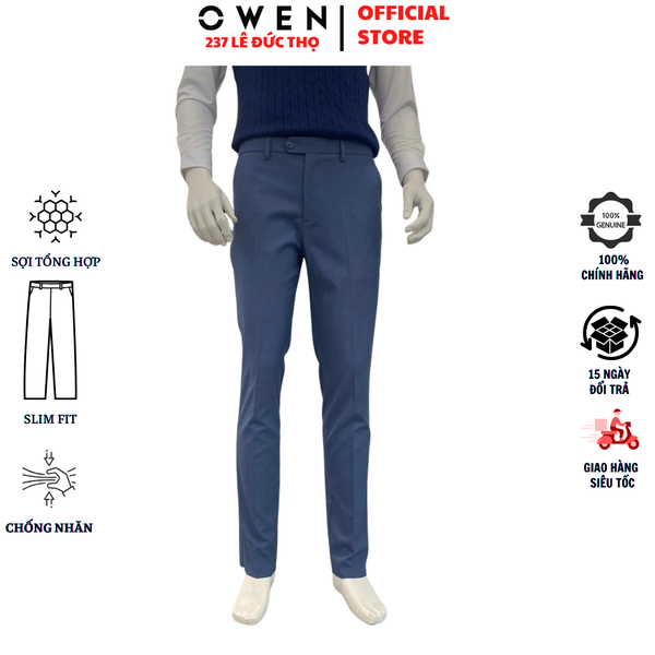Quần Tây Nam Owen QV265907 Màu xanh dáng ôm slim fit cạp tăng đơ Vải Polyester