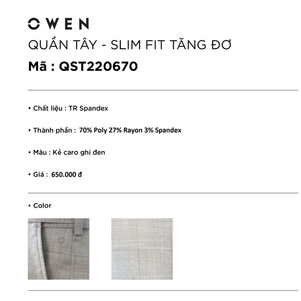 Quần Tây Nam Owen QST220670 Kẻ caro ghi đen Dáng Slim Fit Vải Polyester