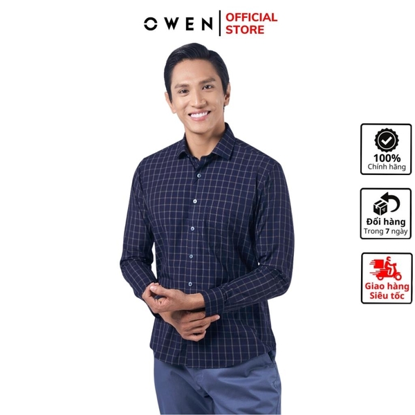 Áo Sơ Mi Nam Tay Dài Owen AR220916DT Màu kẻ caro navy ghi Dáng Regular Fit Vải Sợi Tre
