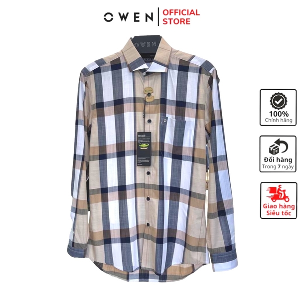 Áo Sơ Mi Nam Tay Dài Owen AR221067DT Màu Kẻ caro đen be nâu trắng Dáng Regular Fit Tà Lượn Có Túi Vải Sợi Tre