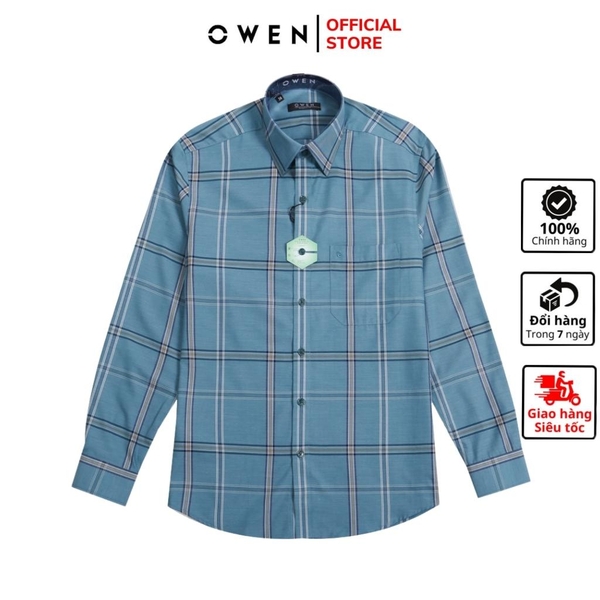 Áo Sơ Mi Nam Tay Dài Owen AR220813DT Kẻ caro xanh mint đậm Dáng Regular Fit Tà Lượn Có Túi Chất Vải Bạc Hà
