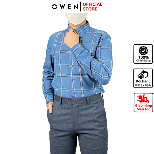 Áo Sơ Mi Nam Tay Dài Owen AR220812D Kẻ caro xanh đậm  Dáng Regular Fit Vài bạc hà