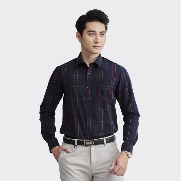 Áo Sơ Mi Nam Dài Tay Aristino ALS23502 màu xanh tím than kẻ đỏ