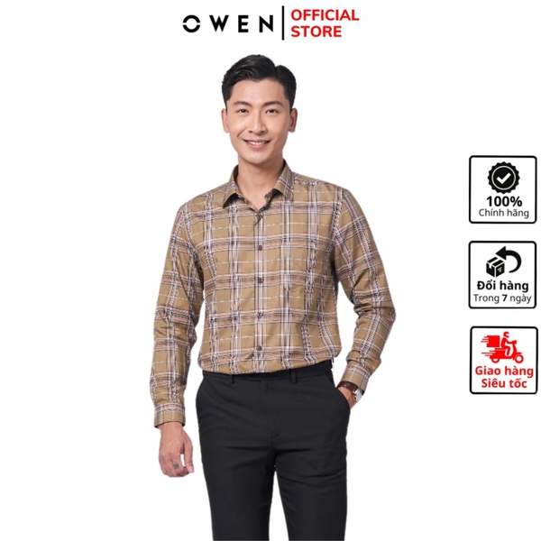 Áo Sơ Mi Nam Tay Dài Owen AR220935DT Kẻ caro lớn nâu đen cam Dáng Regular Fit Vải café