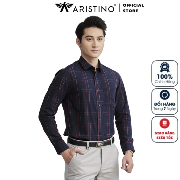Áo Sơ Mi Nam Dài Tay Aristino ALS23502 màu xanh tím than kẻ đỏ