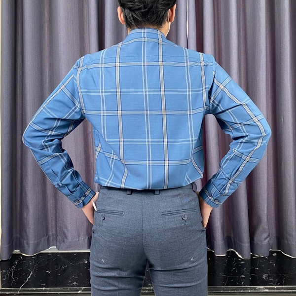 Áo Sơ Mi Nam Tay Dài Owen AR220812D Kẻ caro xanh đậm  Dáng Regular Fit Vài bạc hà