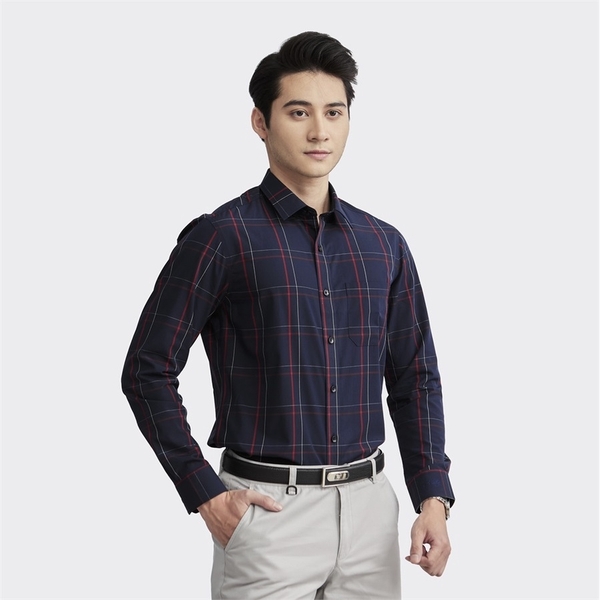 Áo Sơ Mi Nam Dài Tay Aristino ALS23502 màu xanh tím than kẻ đỏ