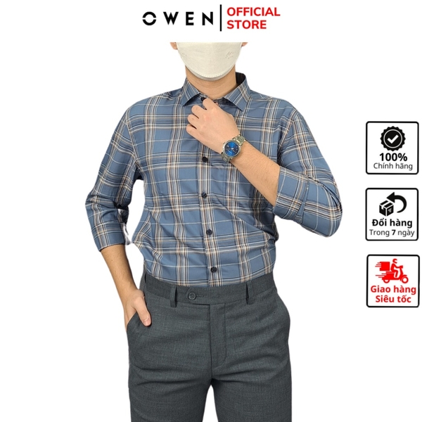 Áo Sơ Mi Nam Tay Dài Owen AR220934DT màu kẻ caro lớn xanh navy nâu dáng regular fit tà lượn có túi vải café