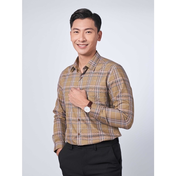 Áo Sơ Mi Nam Tay Dài Owen AR220935DT Kẻ caro lớn nâu đen cam Dáng Regular Fit Vải café