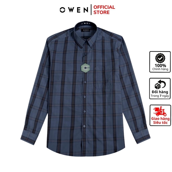 Áo Sơ Mi Nam Tay Dài Owen AR220817DT Kẻ caro đen ghi xanh Dáng Regular Fit Tà Lượn Có Túi Vài bạc hà