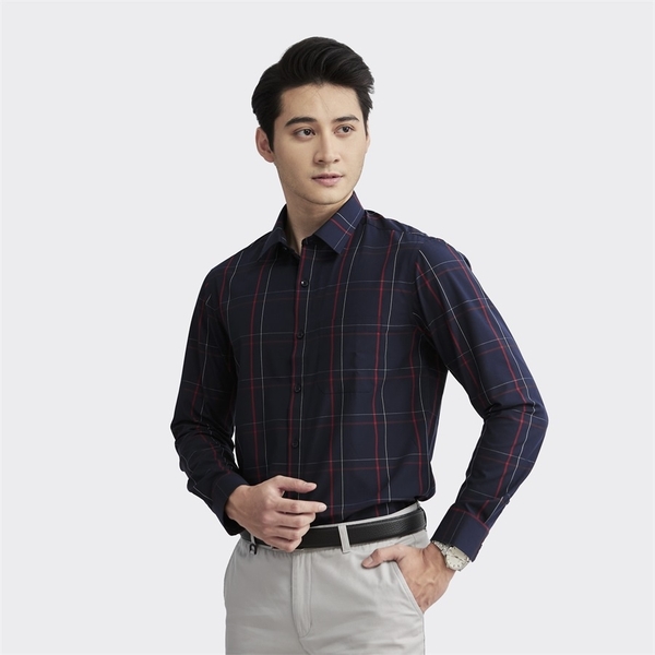 Áo Sơ Mi Nam Dài Tay Aristino ALS23502 màu xanh tím than kẻ đỏ