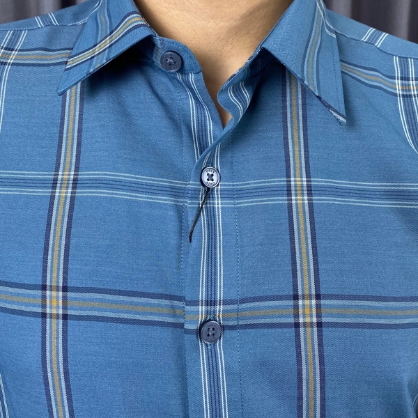 Áo Sơ Mi Nam Tay Dài Owen AR220812D Kẻ caro xanh đậm  Dáng Regular Fit Vài bạc hà