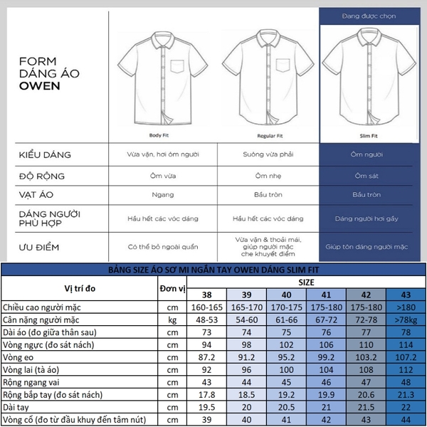 Áo Sơ Mi Trắng Nam Tay Ngắn Owen AS230319N (AS250312N) màu trắng trơn dáng slim fit tà lượn không túi vải nano