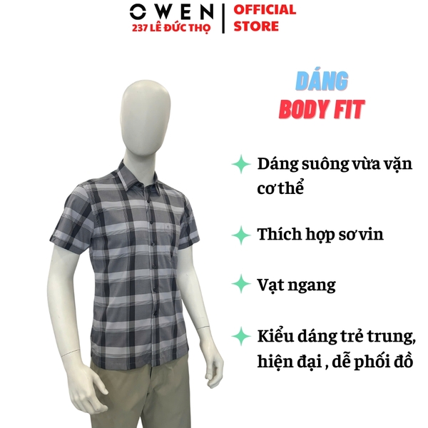 Áo Sơ Mi Nam Tay Ngắn Owen AB260106NT Xám Đậm Body Fit Có Túi