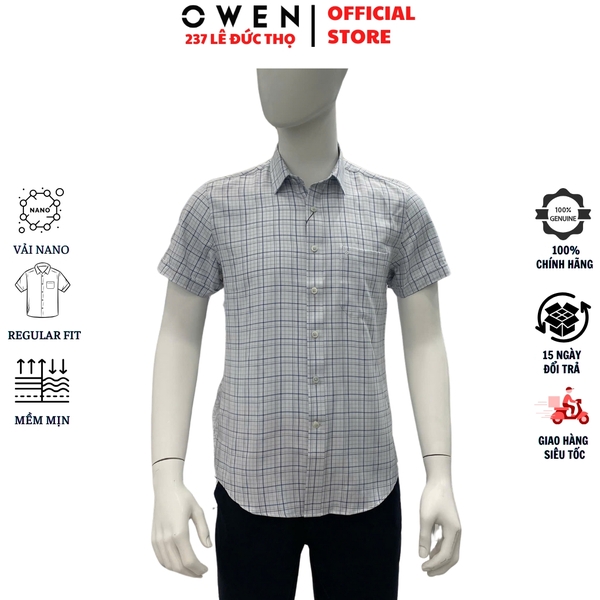 Áo sơ mi nam tay ngắn Owen AR240028NT màu xám nhạt kẻ caro dáng suông regular fit tà lượn có túi chất liệu nano